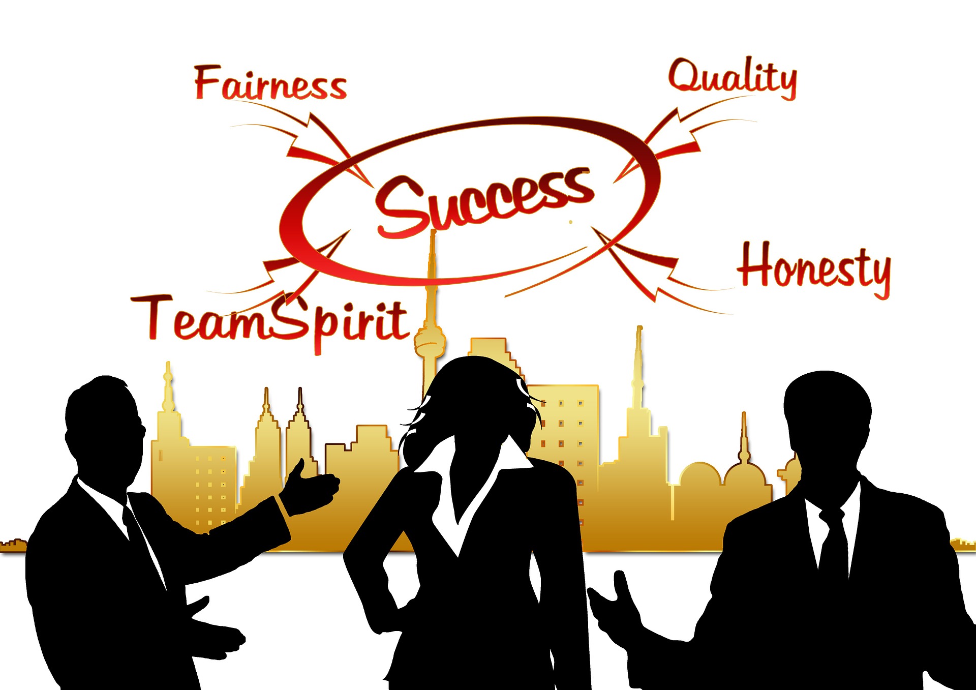 three people silhouetted in suits under the words fairness success team spirit, quality and honesty